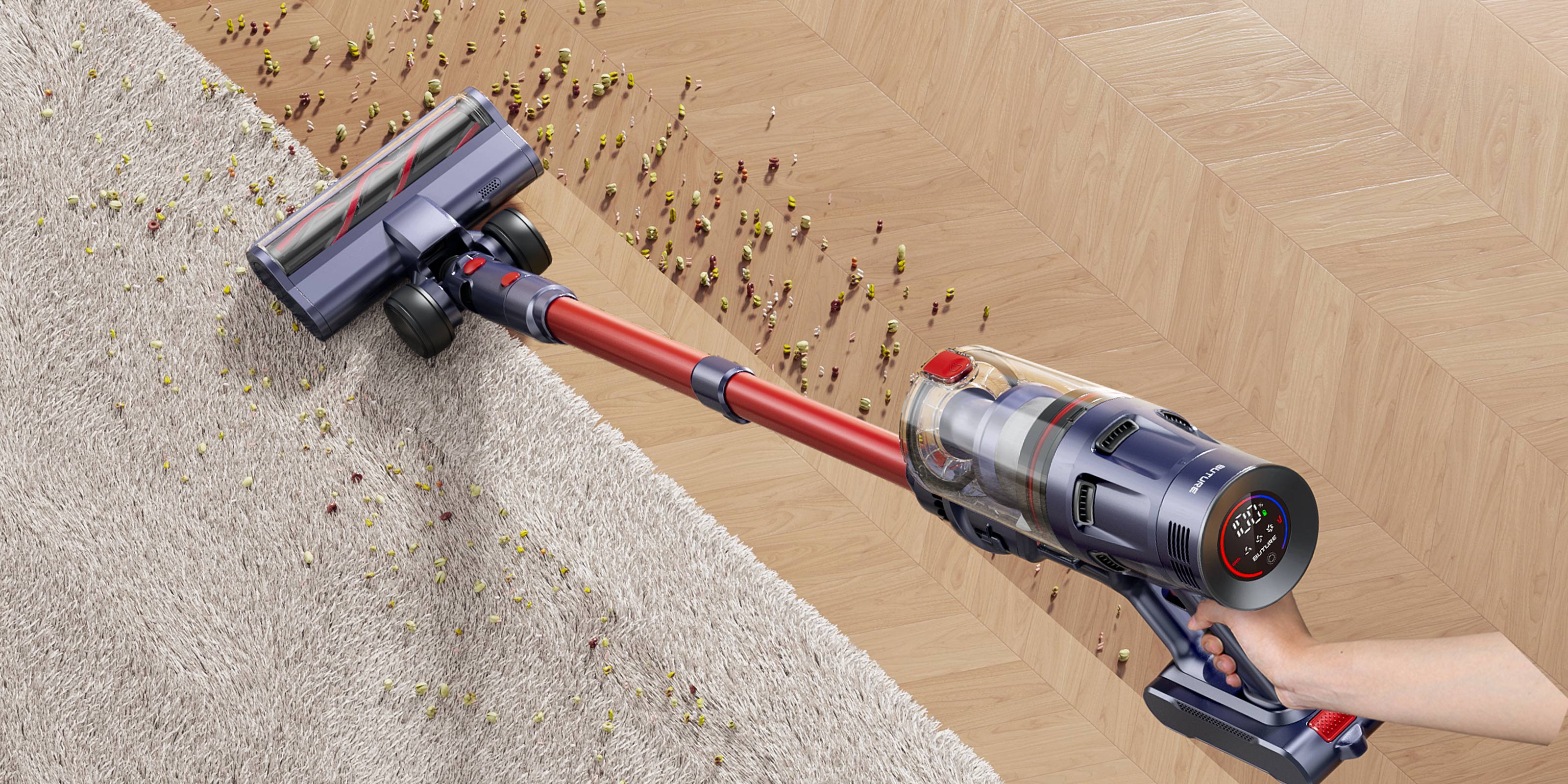 Buture BP20 cordless vacuum cleaner comparison â âBeforeâ image showing a messy floor with dirt, crumbs, and pet hair, illustrating the need for powerful and efficient cleaning.