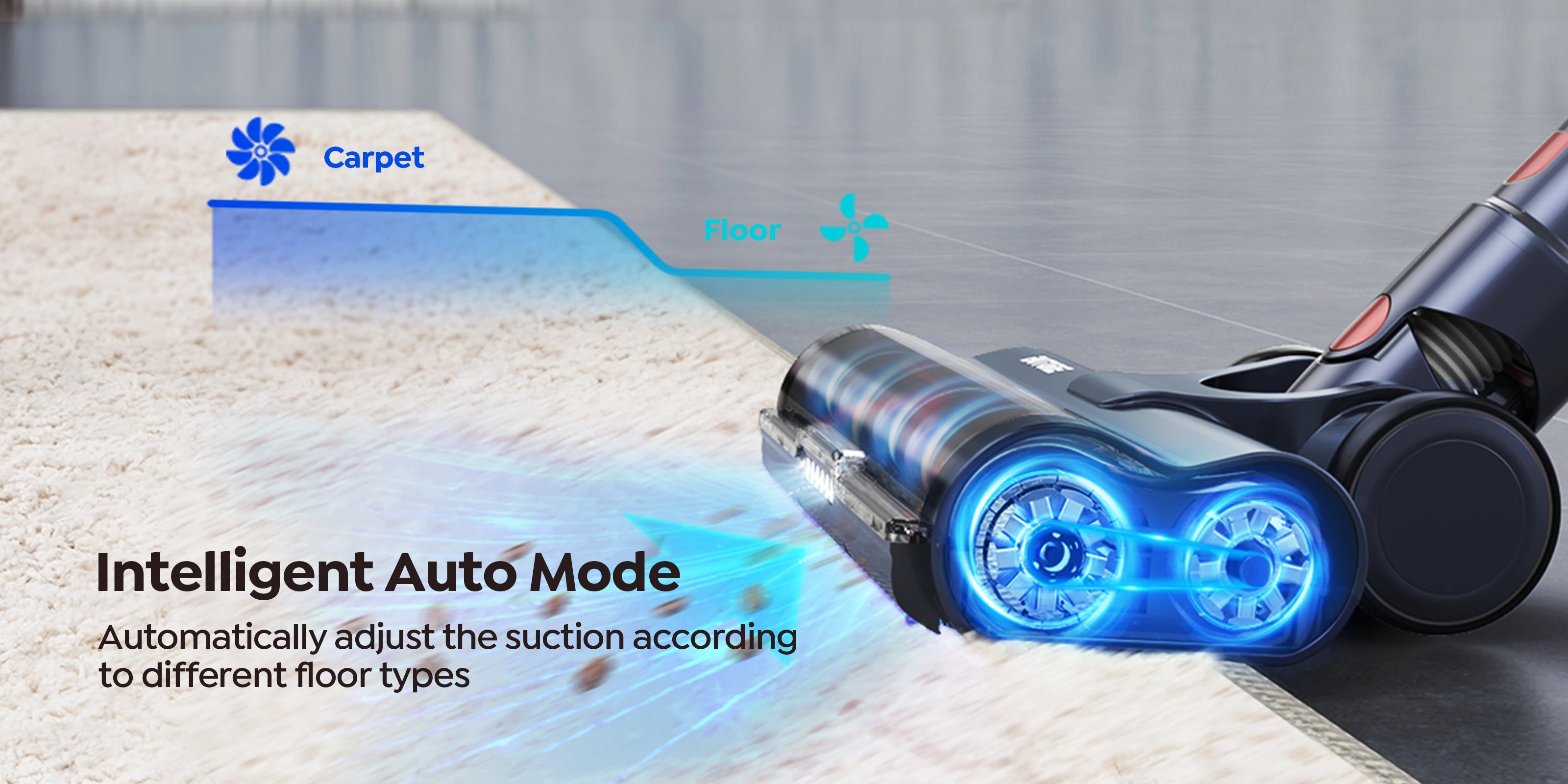 Buture VC50 Red cordless vacuum cleaner featuring Intelligent Auto Mode that adjusts suction based on floor type, plus Manual Mode with 3 adjustable suction levels - 33kPa, 25kPa, and 15kPa for tailored cleaning.