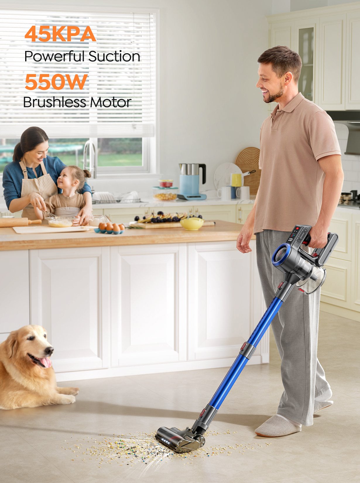 JR700 blue cordless vacuum cleaner with 550W brush motor to deliver 45KPA powerful suction.