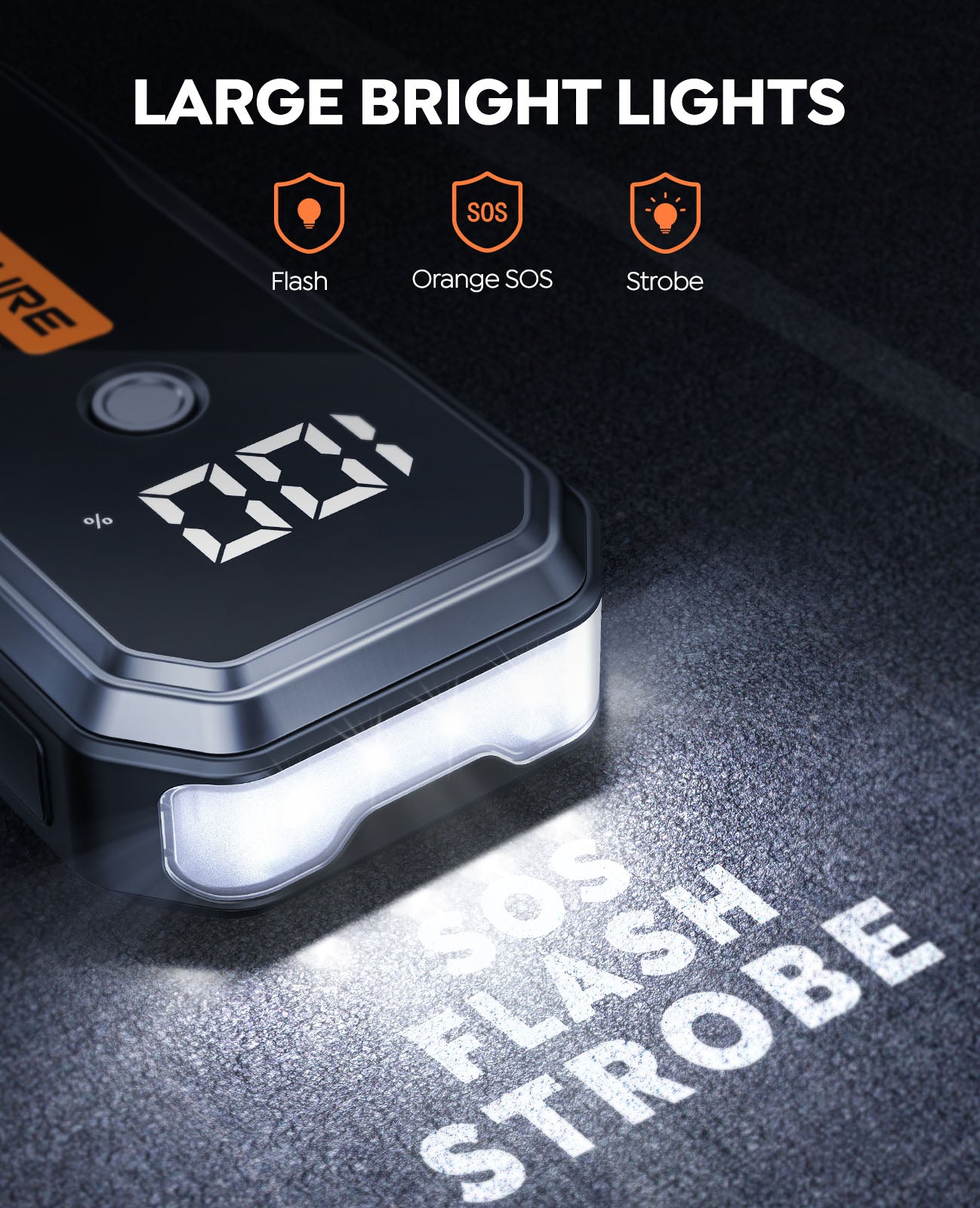 Buture Beta03 car jump starter with large bright emergency lights, including flashlight, orange SOS signal, and strobe modes for roadside safety