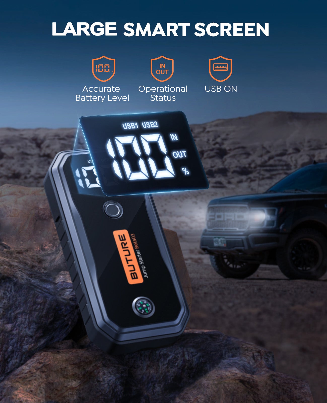 Buture Beta03 car jump starter with large smart LCD screen displaying accurate battery level, operational status, and USB output for easy monitoring