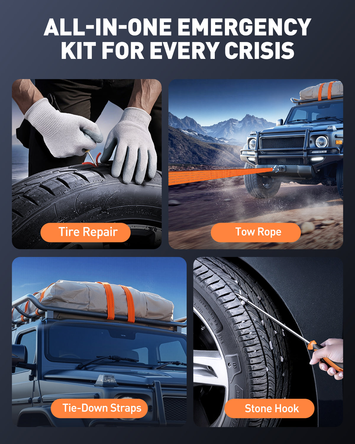 Buture Kit de emergencia para automóvil todo en uno Beta09 con kit de reparación de neumáticos, cuerda de remolque, correas de amarre y herramientas de seguridad.