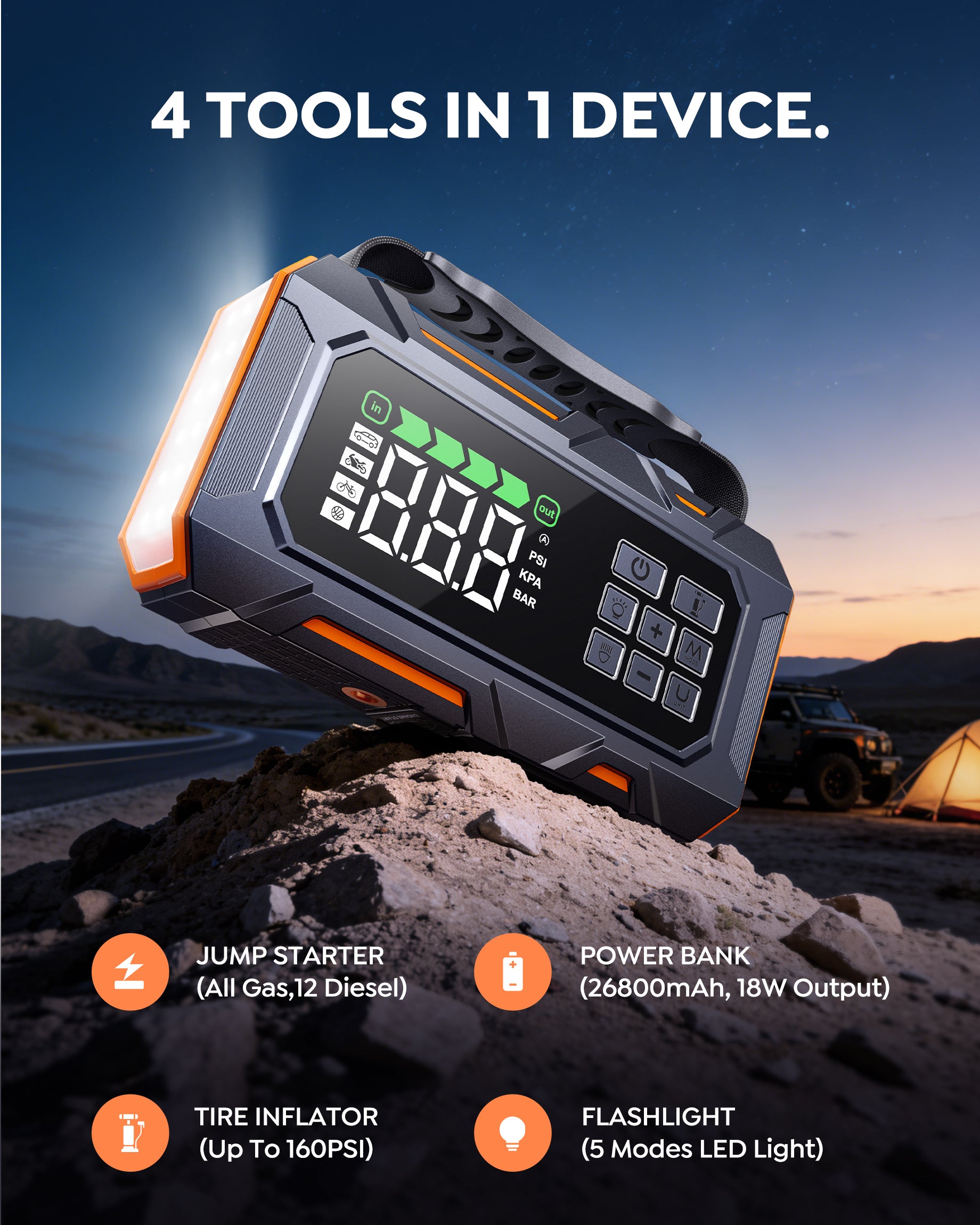 Buture Arrancador de batería para automóvil Beta09 4 en 1 con banco de energía de 26800 mAh, inflador de neumáticos de 160 PSI y linterna LED de 5 modos, kit de emergencia portátil para automóvil.