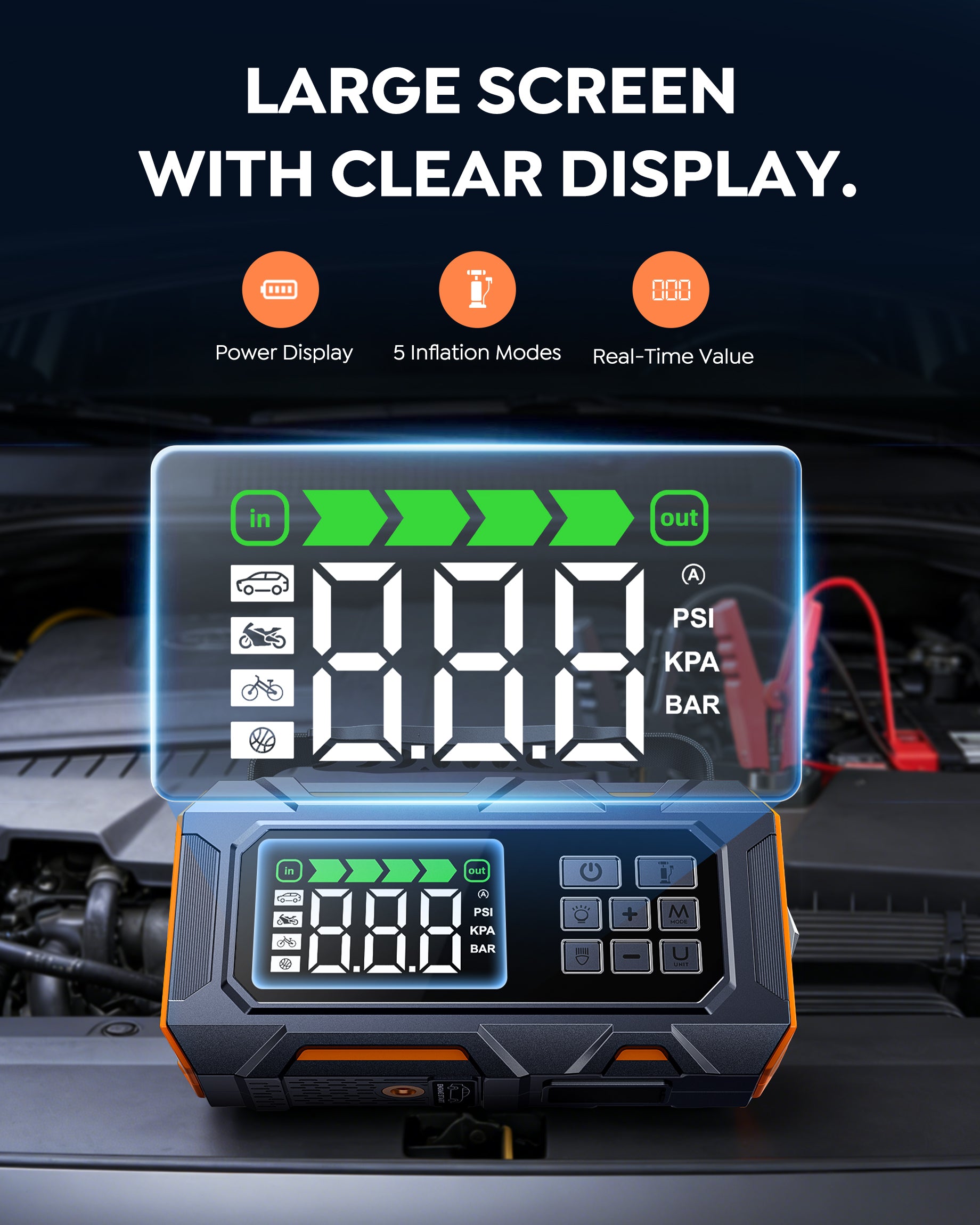 Buture El arrancador de batería de automóvil Beta09 tiene una pantalla grande con visualización clara que muestra el estado de energía, los modos de inflación y el valor en tiempo real.