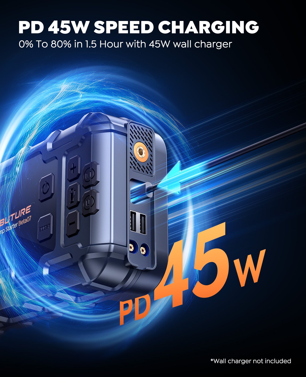 Buture Beta07 jump starter with 45W PD fast charging, recharges to 80% in 1.5 hours via USB-C.