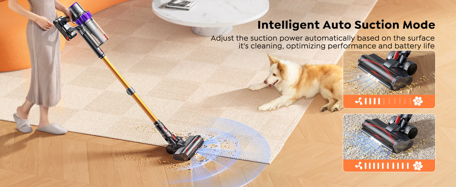 Buture VC80 Cordless Vacuum Cleaner in Intelligent Auto Suction Mode, automatically adjusting suction power according to different floor surfaces to optimize cleaning efficiency and extend battery life.