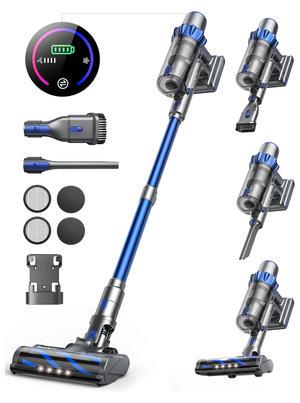 BP10 Zubehörset für kabellosen Staubsauger: Bodenbürste, Rollbürste, 2-in-1-Bürste, Wandhalterung, HEPA-Filter, Edelstahlfilter, Staubbehälter und herausnehmbarer Akku.