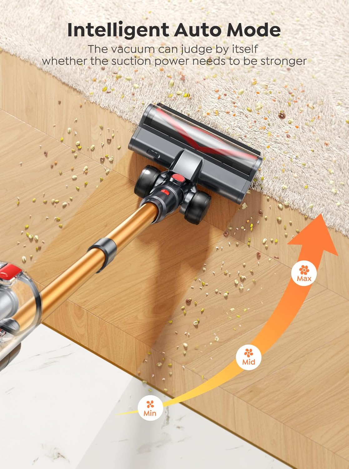 VC80 cordless vacuum cleaner with Smart Auto Mode – intelligently adjusts suction power when switching between hard floors and carpets.