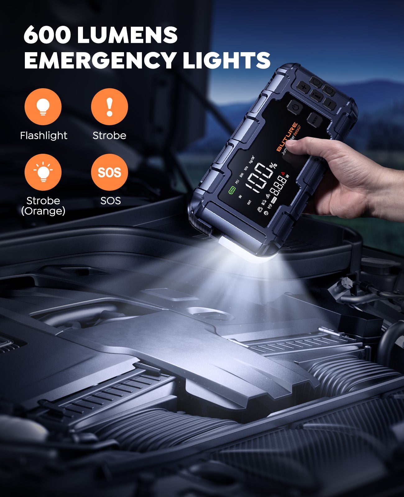 Buture Beta07 jump starter with 600-lumen emergency light, flashlight, strobe, SOS and orange warning modes.