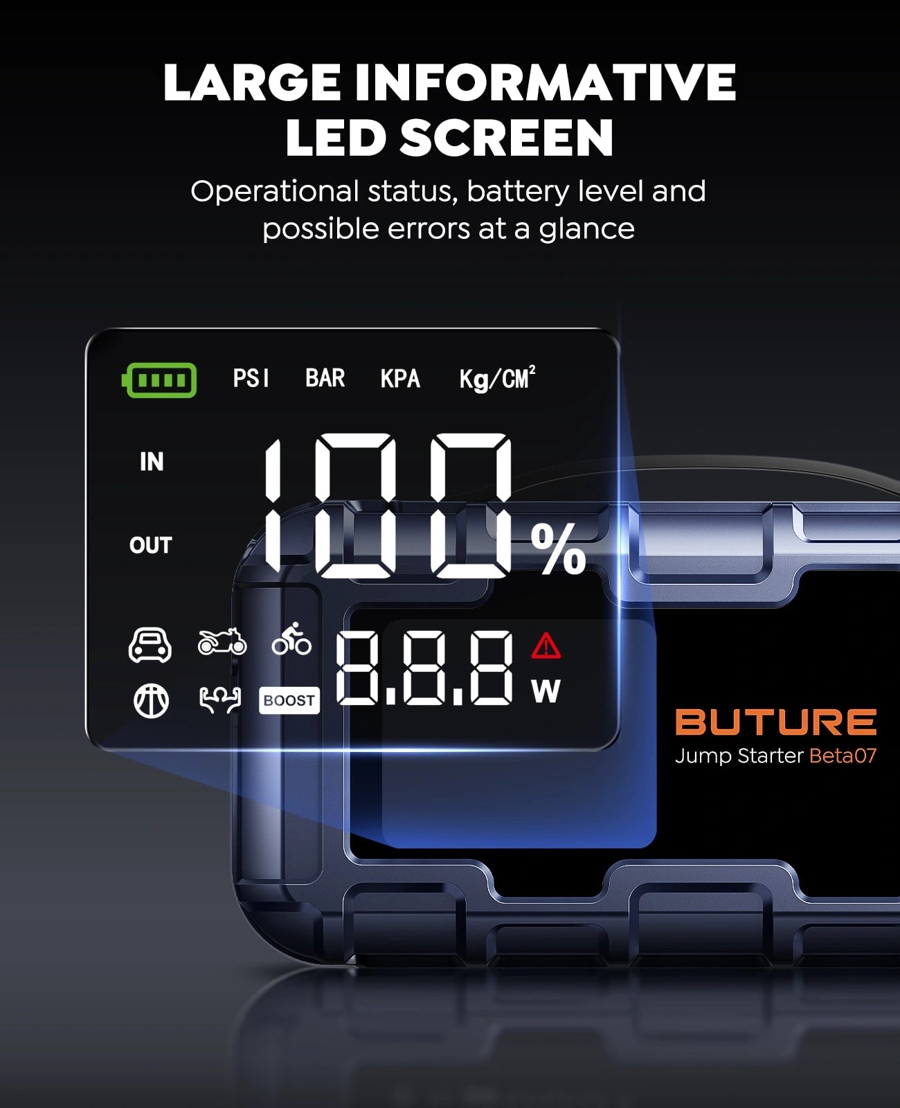 Buture Beta07 jump starter with large LED display for battery status, charging, tire inflation and alerts.