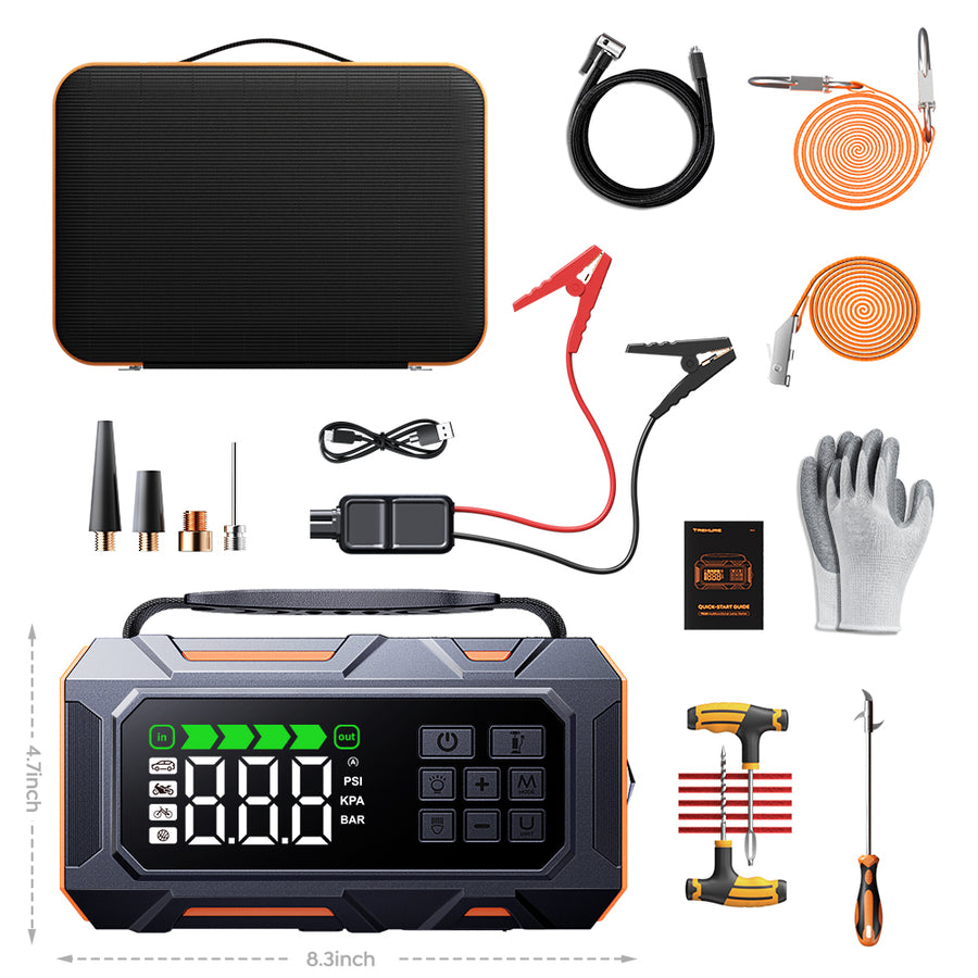 Buture Avviatore di emergenza Beta09 con kit di accessori completo che include cavi di avviamento, strumenti per la riparazione dei pneumatici, tubo dell'aria, ugelli, guanti, fune di traino e custodia.