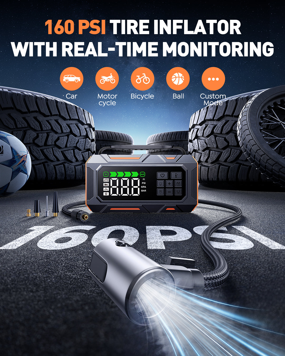 Buture El arrancador auxiliar Beta09 equipa un compresor de aire incorporado con un inflador de neumáticos de hasta 160 PSI para automóviles, motocicletas, bicicletas o pelotas.