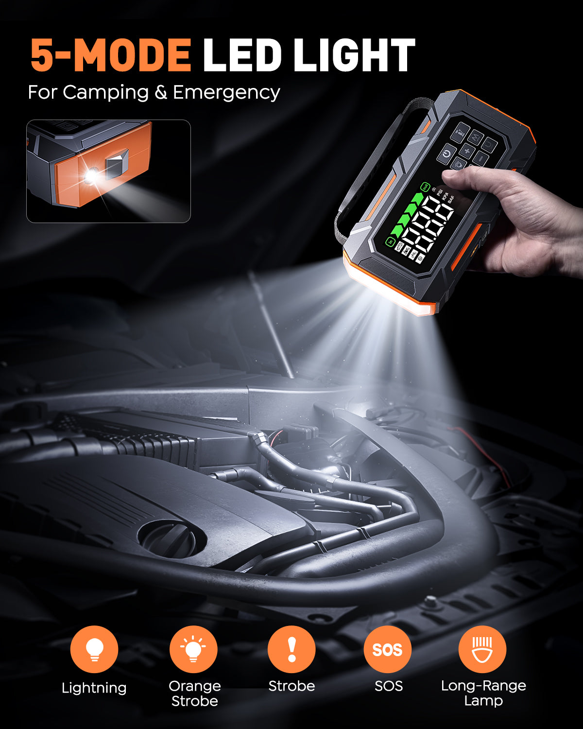 Buture El arrancador de batería para automóvil Beta09 cuenta con luz LED de 5 modos para campamento y emergencia, que incluye iluminación, luz estroboscópica naranja, luz estroboscópica, SOS y lámpara de largo alcance.