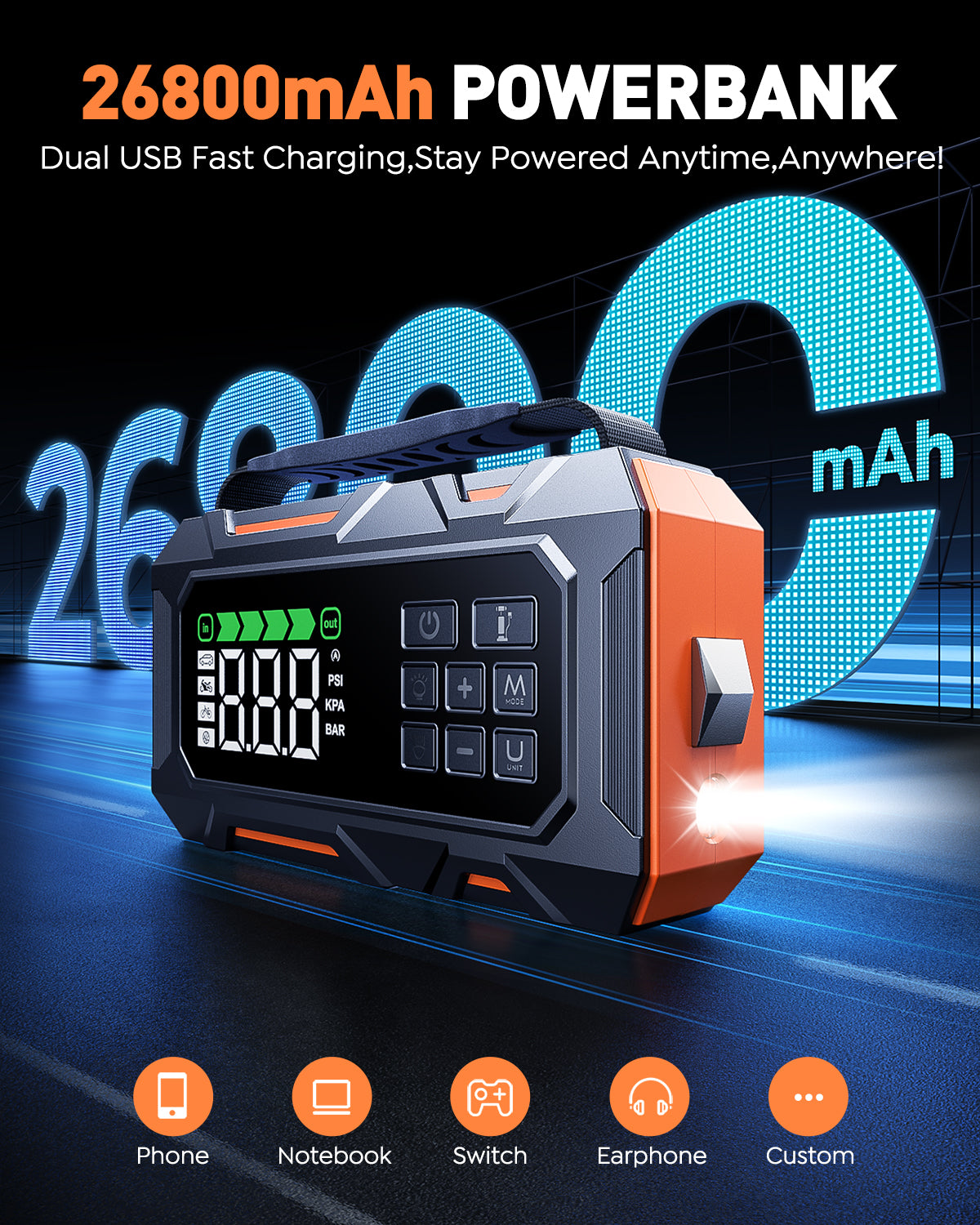 El arrancador auxiliar Butrue Beta09 también sirve como banco de energía de 26800 mAh para carga rápida por USB. Te mantiene con energía en cualquier momento y en cualquier lugar.