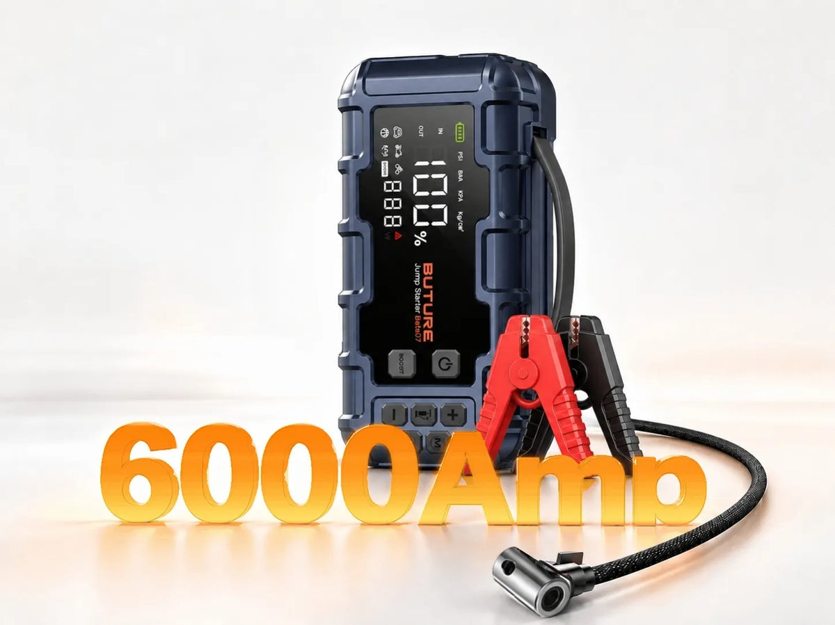 Buture Beta07 portable car jump starter with smart digital display, powerful battery booster, built-in 160 PSI tire inflator, USB power bank, and LED emergency flashlight for cars, trucks, SUVs, motorcycles, and outdoors camping.