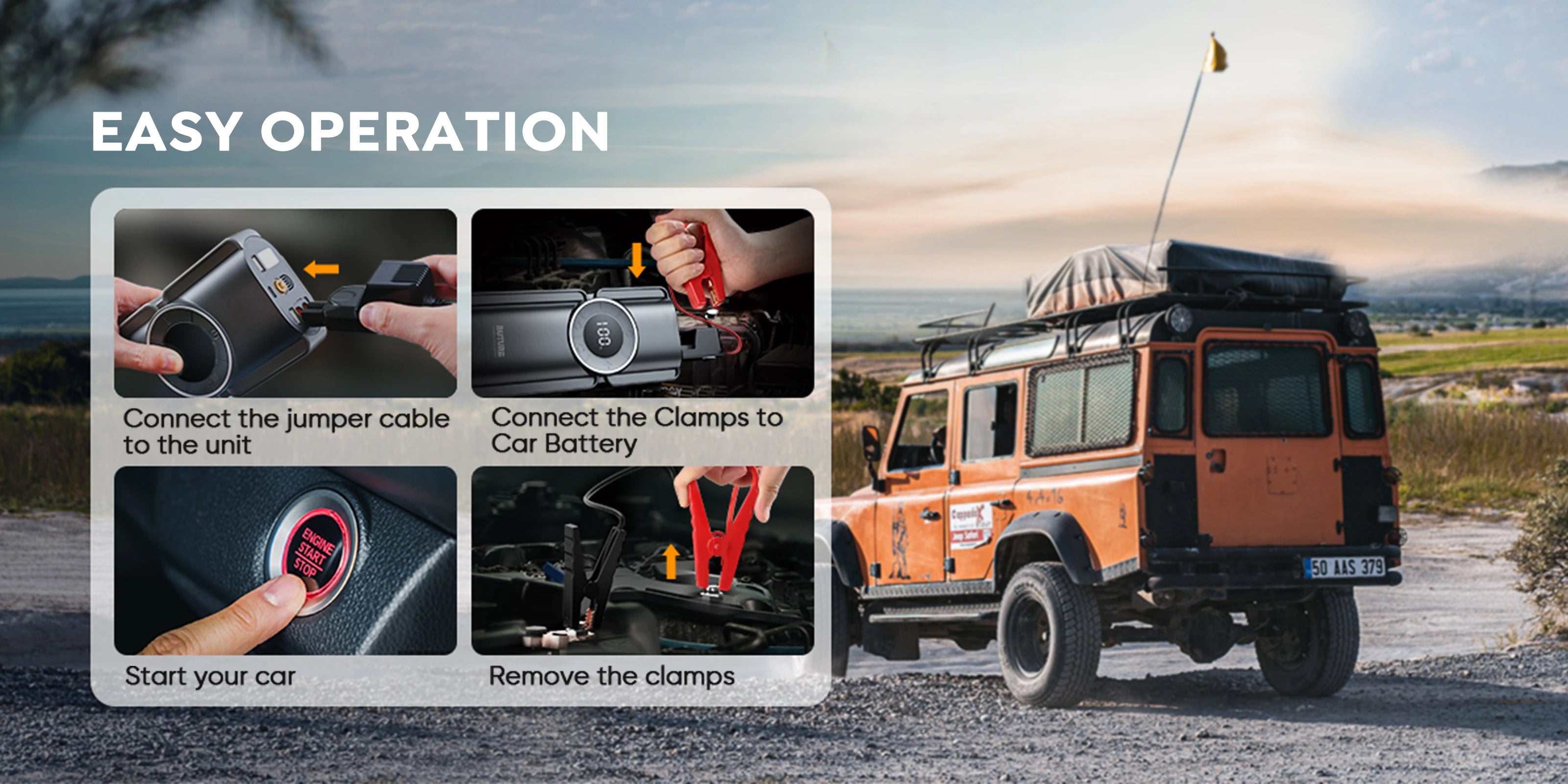 Buture Beta01 easy-to-use jump starter-only 4 steps: connect jumper cable to unit, attach clamps to car battery, start engine, and safely remove clamps after use. 