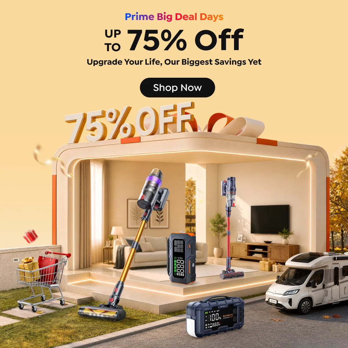 Shop Buture Fall Prime Sale 2026 with clearance deals up to 75% off, 15% off cordless vacuums, and 12% off jump starters.